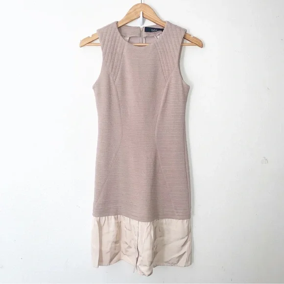 Cut 25 Yigal Azrouel Beige Sheath Dress Sz 4 Colorblock Ruffle Hem - Picture 1 of 6